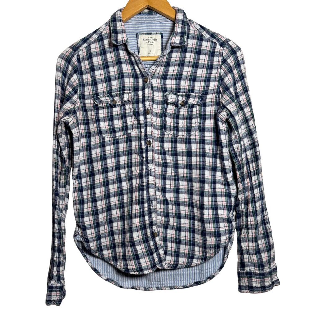 Abercrombie & Fitch Plaid Button Up Shirt Small Blue Preppy Y2K Flannel Top